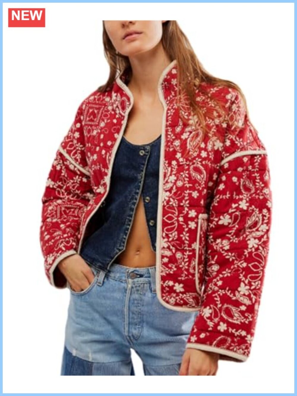 Vintage Quilted Puffer Jacket Women Cropped Long Sleeve Floral Embroidered